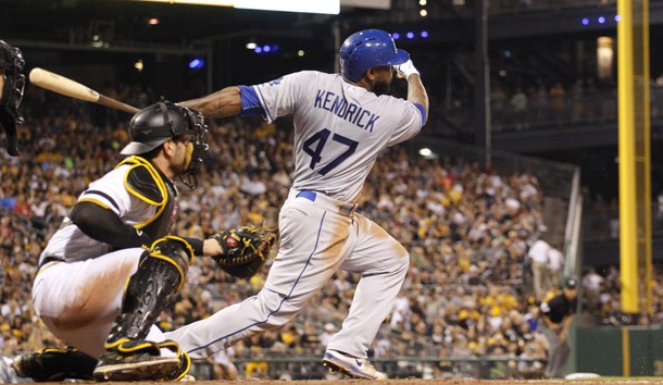 Aug 9 2015 Pittsburgh PA USA Los Angeles Dodgers second baseman Howie Kendrick hits an infield single against the Pittsburgh Pirates during the fifth inning at PNC Park. Mandatory Credit Charles LeClaire-USA TODAY Sports