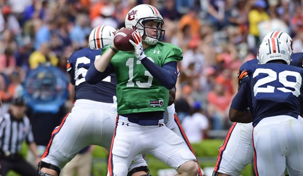 Apr 18, 2015; Auburn, AL, USA; Auburn Tigers quarterback Sean White (13) looks to pass during the spring game at Jordan-Hare Stadium. Mandatory Credit: Shanna Lockwood-USA TODAY Sports