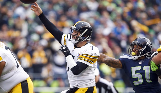 Pittsburgh Steelers quarterback Ben Roethlisberger (7) passes while under pressure from Seattle Seahawks outside linebacker Bruce Irvin (51) during the second quarter at CenturyLink Field last year. Photo Credit: Joe Nicholson-USA TODAY Sports