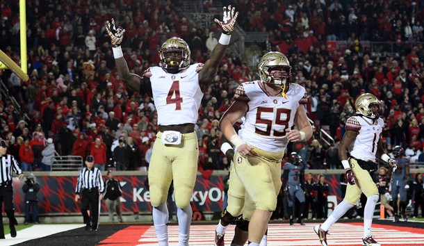 Oct 30, 2014; Louisville, KY, USA; Florida State Seminoles running back Dalvin Cook (4) celebrates after scoring a touchdown during the fourth quarter against the Louisville Cardinals at Papa John's Cardinal Stadium. Photo Credit: Andrew Weber-USA TODAY Sports