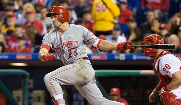 May 14, 2016; Philadelphia, PA, USA; Cincinnati Reds left fielder Adam Duvall (23) hits an RBI double during the seventh inning against the Philadelphia Phillies at Citizens Bank Park. The Philadelphia Phillies won 4-3. Mandatory Credit: Bill Streicher-USA TODAY Sports