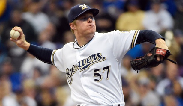 May 17, 2016; Milwaukee, WI, USA;   Milwaukee Brewers pitcher Chase Anderson (57) pitches in the first inning against the Chicago Cubs at Miller Park. Mandatory Credit: Benny Sieu-USA TODAY Sports