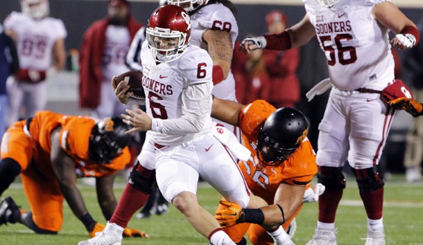 Baker Mayfield (6) can hurt teams with his arm and legs. Photo Credit: Alonzo Adams-USA TODAY Sports