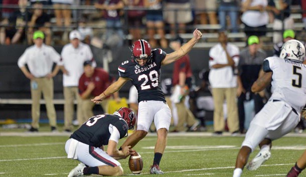 Sep 1, 2016; Nashville, TN, USA; South Carolina Gamecocks place kicker Elliott Fry (29) kicks the winning field goal against the Vanderbilt Commodores during the second half at Vanderbilt Stadium. South Carolina won 13-10. Photo Credit: Jim Brown-USA TODAY Sports