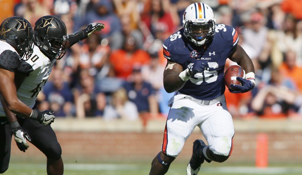 Nov 5, 2016; Auburn, AL, USA;   Auburn Tigers running back Kamryn Pettway (36) carries against the Vanderbilt Commodores during the third quarter at Jordan Hare Stadium.  The Tigers beat the Commodores 23-16. Photo Credit: John Reed-USA TODAY Sports