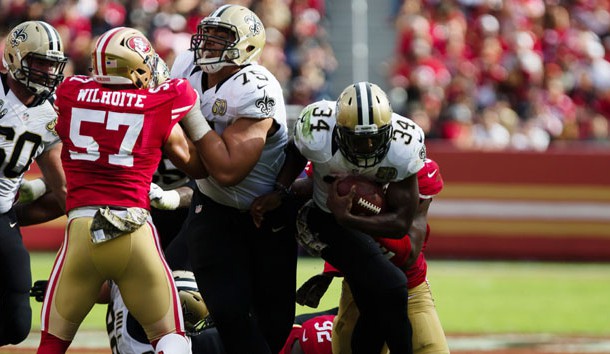 Nov 6, 2016; Santa Clara, CA, USA; New Orleans Saints running back Tim Hightower (34) carries the ball against the San Francisco 49ers during the second quarter at Levi's Stadium. Photo Credit: Kelley L Cox-USA TODAY Sports