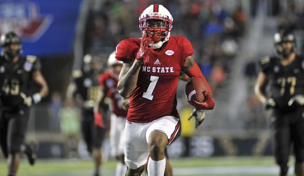 Dec 26, 2016; Shreveport, LA, USA; North Carolina State Wolfpack tight end Jaylen Samuels (1) rushes for a touchdown during the first half against the Vanderbilt Commodores  at Independence Stadium. Photo Credit: Justin Ford-USA TODAY Sports