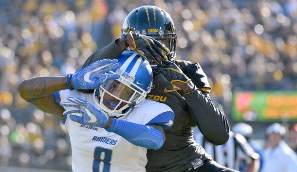 Oct 22, 2016; Columbia, MO, USA; Middle Tennessee Blue Raiders cornerback Jeremy Cutrer (8) breaks up a pass intended for Missouri Tigers wide receiver J'Mon Moore (6) during the first half at Faurot Field. Photo Credit: Denny Medley-USA TODAY Sports