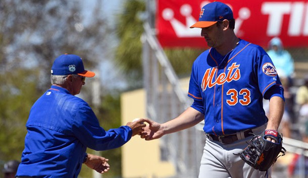 Mar 15, 2017; Jupiter, FL, USA; New York Mets starting pitcher Matt Harvey (33) hands the ball to New York Mets manager Terry Collins (10) during a spring training game against the Miami Marlins at Roger Dean Stadium. Photo Credit: Scott Rovak-USA TODAY Sports