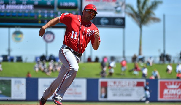 Mar 15, 2017; West Palm Beach, FL, USA; Washington Nationals first baseman Ryan Zimmerman (11) rounds third base to score on a triple by center fielder Michael Taylor (3, not pictured) against the Houston Astros during a spring training game at The Ballpark of the Palm Beaches. Photo Credit: Jasen Vinlove-USA TODAY Sports