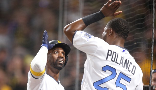 Jun 17, 2017; Pittsburgh, PA, USA;  Pittsburgh Pirates center fielder Andrew McCutchen (left) celebrates his solo home run with right fielder Gregory Polanco (25) against the Chicago Cubs during the sixth inning at PNC Park. Photo Credit: Charles LeClaire-USA TODAY Sports