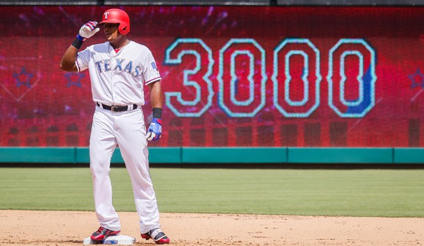 Jul 30, 2017; Arlington, TX, USA; Texas Rangers third baseman Adrian Beltre (29) stands on second base after hitting a double for his 3,000th major league hit in the 4th inning against the Baltimore Orioles at Globe Life Park in Arlington. Photo Credit: Ray Carlin-USA TODAY Sports