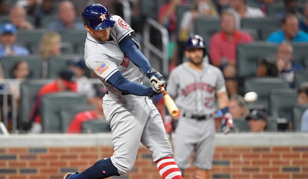 Jul 4, 2017; Atlanta, GA, USA; Houston Astros center fielder George Springer (4) singles against the Atlanta Braves during the fourth inning at SunTrust Park. Photo Credit: Dale Zanine-USA TODAY Sports