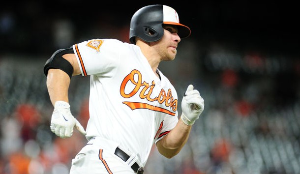 Aug 28, 2017; Baltimore, MD, USA; Baltimore Orioles first baseman Chris Davis (19) runs while hitting a double in the seventh inning against the Seattle Mariners at Oriole Park at Camden Yards. Photo Credit: Evan Habeeb-USA TODAY Sports