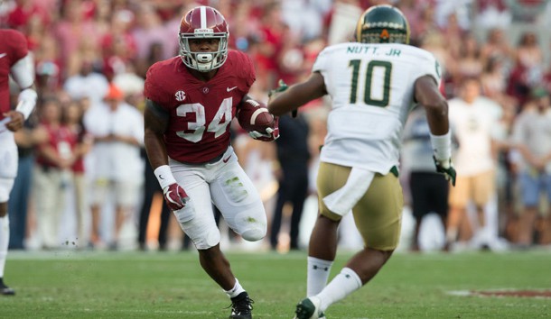 Sep 16, 2017; Tuscaloosa, AL, USA; Alabama Crimson Tide running back Damien Harris (34) carries the ball against Colorado State Rams during the first quarter at Bryant-Denny Stadium. Photo Credit: Marvin Gentry-USA TODAY Sports