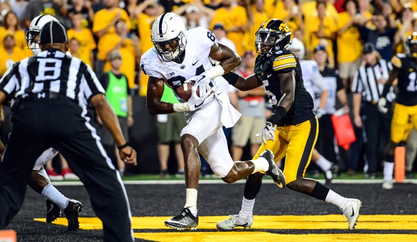 Sep 23, 2017; Iowa City, IA, USA; Penn State Nittany Lions wide receiver Juwan Johnson (84) catches the game-winning touchdown from quarterback Trace McSorley (not pictured) as Iowa Hawkeyes defensive back Manny Rugamba (5) defends during the fourth quarter at Kinnick Stadium. Penn State won 21-19. Photo Credit: Jeffrey Becker-USA TODAY Sports