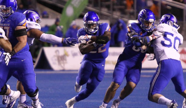 Nov 18, 2017; Boise, ID, USA; Boise State Broncos running back Alexander Mattison (22) runs for a gain during first half action against the Air Force Falcons at Albertsons Stadium. Photo Credit: Brian Losness-USA