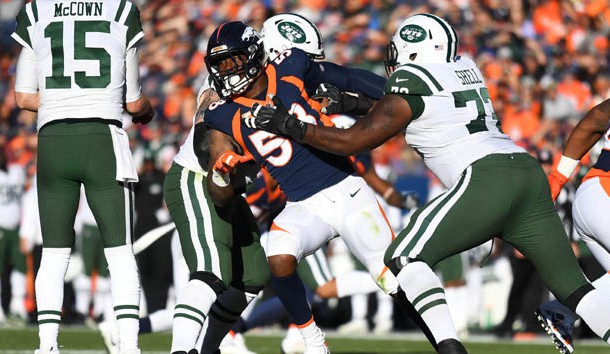 Dec 10, 2017; Denver, CO, USA; New York Jets offensive tackle Brandon Shell (72) blocks on Denver Broncos outside linebacker Von Miller (58) in the first half at Sports Authority Field at Mile High. Photo Credit: Ron Chenoy-USA TODAY Sports