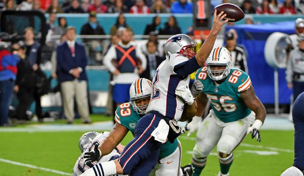 Dec 11, 2017; Miami Gardens, FL, USA; Miami Dolphins defensive tackle Ndamukong Suh (93) pressures New England Patriots quarterback Tom Brady (12) during the second half at Hard Rock Stadium. Photo Credit: Jasen Vinlove-USA TODAY Sports