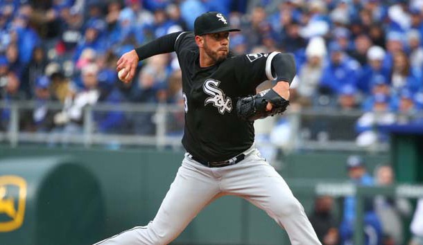 Mar 29, 2018; Kansas City, MO, USA; Chigago White Sox starting pitcher James Shields (33) pitches against the Kansas City Royals in the first inning at Kauffman Stadium. Photo Credit: Jay Biggerstaff-USA TODAY Sports