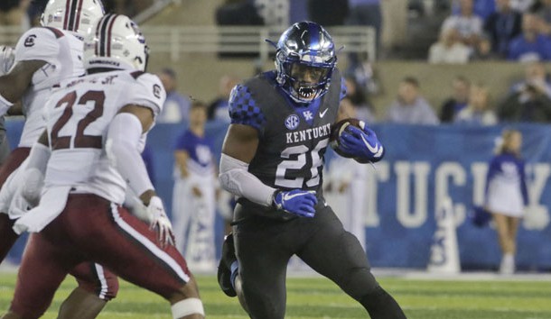 Sep 29, 2018; Lexington, KY, USA; Kentucky Wildcats running back Benny Snell Jr. (26) runs the ball against the South Carolina Gamecocks in the second half at Kroger Field. Kentucky defeated South Carolina 24-10. Photo Credit: Mark Zerof-USA TODAY Sports