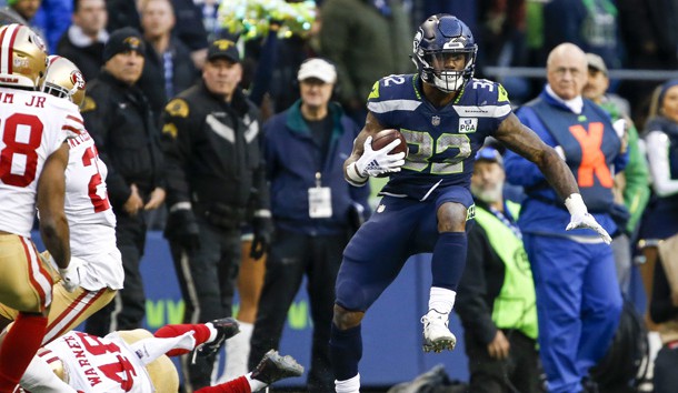 Dec 2, 2018; Seattle, WA, USA; Seattle Seahawks running back Chris Carson (32) rushes against the San Francisco 49ers during the fourth quarter at CenturyLink Field. Photo Credit: Joe Nicholson-USA TODAY Sports
