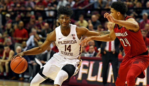 Feb 9, 2019; Tallahassee, FL, USA; Louisville Cardinals forward Dwayne Sutton (24) pressures Florida State Seminoles guard Terance Mann (14) during the second half at Donald L. Tucker Center. Photo Credit: Melina Myers-USA TODAY Sports