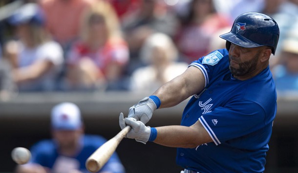 Mar 15, 2019; Clearwater, FL, USA; Toronto Blue Jays designated hitter Kendrys Morales (8) singles to right field during the fourth inning against the Philadelphia Phillies at Spectrum Field. Photo Credit: Douglas DeFelice-USA TODAY Sports