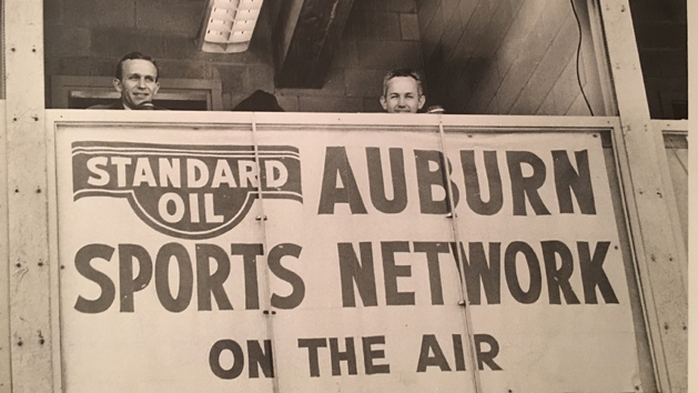 Charlie Davis (left) and Tom Hamlin (right) in Auburn's broadcast booth in 1957.