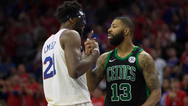 May 7, 2018; Philadelphia, PA, USA; Philadelphia 76ers center Joel Embiid (21) and Boston Celtics forward Marcus Morris (13) argue during the third quarter in game four of the second round of the 2018 NBA Playoffs at Wells Fargo Center. Photo Credit: Bill Streicher-USA TODAY Sports