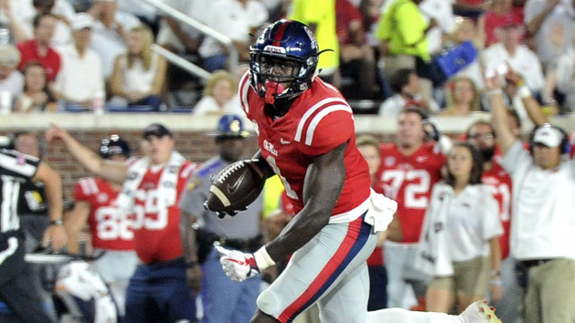 Sep 2, 2017; Oxford, MS, USA; Mississippi Rebels wide receiver A.J. Brown (1) carries the ball against the South Alabama Jaguars during the second half at Vaught-Hemingway Stadium. Mississippi Rebels defeated the South Alabama Jaguars 47-27. Photo Credit: Justin Ford-USA TODAY Sports