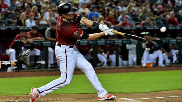 Jul 22, 2018; Phoenix, AZ, USA; Arizona Diamondbacks center fielder A.J. Pollock (11) doubles in the first inning against the Colorado Rockies at Chase Field. Photo Credit: Matt Kartozian-USA TODAY Sports