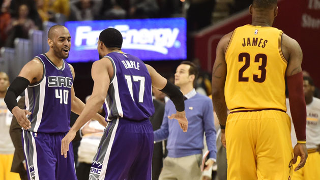 Jan 25, 2017; Cleveland, OH, USA; Sacramento Kings guard Arron Afflalo (40) and guard Garrett Temple (17) celebrate after Afflalo hit a three-pointer in overtime to put the Kings ahead of the Cleveland Cavaliers at Quicken Loans Arena. The Kings won 116-112. Photo Credit: Ken Blaze-USA TODAY Sports