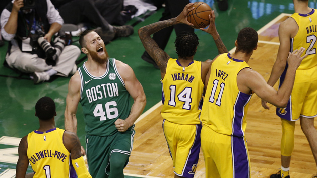 Nov 8, 2017; Boston, MA, USA; Boston Celtics center Aron Baynes (46) reacts after scoring a basket during the first half against the Los Angeles Lakers at TD Garden. Photo Credit: Greg M. Cooper-USA TODAY Sports
