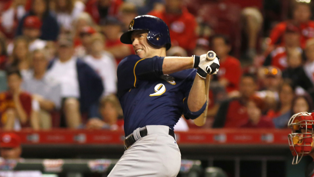 May 7, 2016; Cincinnati, OH, USA; Milwaukee Brewers third baseman Aaron Hill hits grand slam during the tenth inning against the Cincinnati Reds at Great American Ball Park. The Brewers won 13-7. Mandatory Credit: David Kohl-USA TODAY Sports