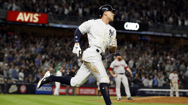 May 9, 2018; Bronx, NY, USA; New York Yankees right fielder Aaron Judge (99) watches a two-run home run off of Boston Red Sox relief pitcher Craig Kimbrel (46) during the eighth inning at Yankee Stadium. Photo Credit: Adam Hunger-USA TODAY Sports
