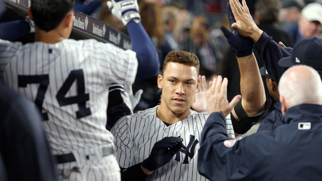 May 3, 2017; Bronx, NY, USA; New York Yankees right fielder Aaron Judge (99) celebrates his two run home run against the Toronto Blue Jays with teammates during the third inning at Yankee Stadium. Photo Credit: Brad Penner-USA TODAY Sports