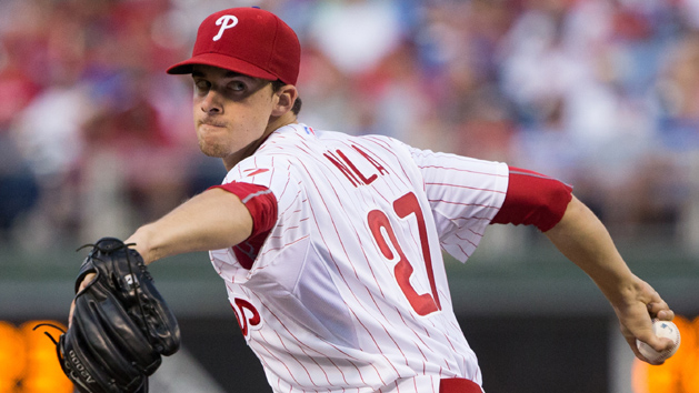 Aug 18, 2015; Philadelphia, PA, USA; Philadelphia Phillies starting pitcher Aaron Nola (27) pitches during the second inning against the Toronto Blue Jays at Citizens Bank Park. Photo Credit: Bill Streicher-USA TODAY Sports