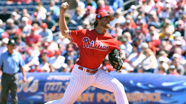 Mar 7, 2018; Clearwater, FL, USA; Philadelphia Phillies pitcher Aaron Nola (27) pitches in the second inning of a spring training game against the Boston Red Sox at Spectrum Field. Photo Credit: Jonathan Dyer-USA TODAY Sports