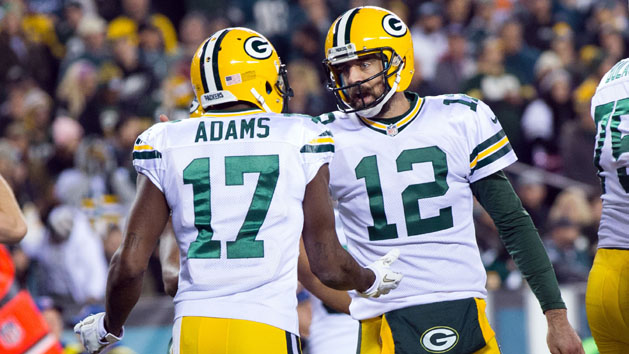 Nov 28, 2016; Philadelphia, PA, USA; Green Bay Packers quarterback Aaron Rodgers (12) congratulates wide receiver Davante Adams (17) after a touchdown against the Philadelphia Eagles during the first quarter at Lincoln Financial Field. Photo Credit: Bill Streicher-USA TODAY Sports