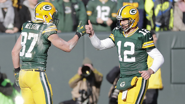 Dec 24, 2016; Green Bay, WI, USA; Green Bay Packers wide receiver Jordy Nelson (87) and quarterback Aaron Rodgers (12) celebrate a touchdown completion in the second quarter against the Minnesota Vikings at Lambeau Field. Photo Credit: Jim Matthews/USA TODAY NETWORK-Wisconsin via USA TODAY Sports