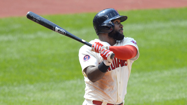 Aug 30, 2015; Cleveland, OH, USA; Cleveland Indians center fielder Abraham Almonte (35) hits a grand slam in the fifth inning against the Los Angeles Angels at Progressive Field. Mandatory Credit: David Richard-USA TODAY Sports