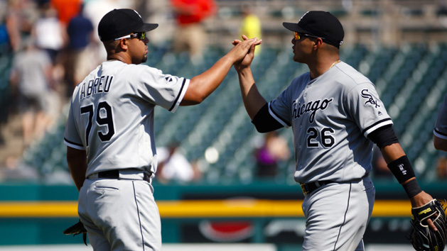 Aug 4, 2016; Detroit, MI, USA; Chicago White Sox first baseman Jose Abreu (79) and right fielder Avisail Garcia (26) celebrate after the game against the Detroit Tigers at Comerica Park. Chicago won 6-3. Photo Credit: Rick Osentoski-USA TODAY Sports