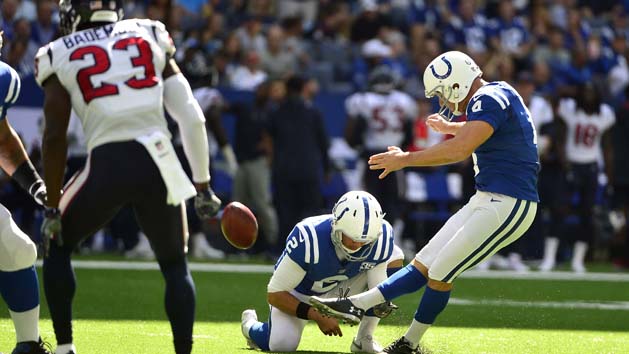 Sep 30, 2018; Indianapolis, IN, USA; Indianapolis Colts kicker Adam Vinatieri (4) kicks an extra point during the first half against the Houston Texans at Lucas Oil Stadium. Photo Credit: Jeff Curry-USA TODAY Sports