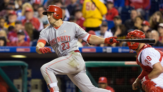 May 14, 2016; Philadelphia, PA, USA; Cincinnati Reds left fielder Adam Duvall (23) hits an RBI double during the seventh inning against the Philadelphia Phillies at Citizens Bank Park. The Philadelphia Phillies won 4-3. Mandatory Credit: Bill Streicher-USA TODAY Sports