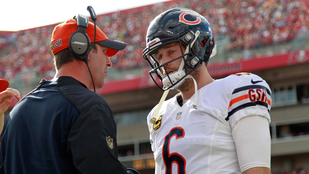 Dec 27, 2015; Tampa, FL, USA; Chicago Bears quarterback Jay Cutler (6) talks with offensive coordinator Adam Gase during the second half against the Tampa Bay Buccaneers at Raymond James Stadium. Mandatory Credit: Kim Klement-USA TODAY Sports