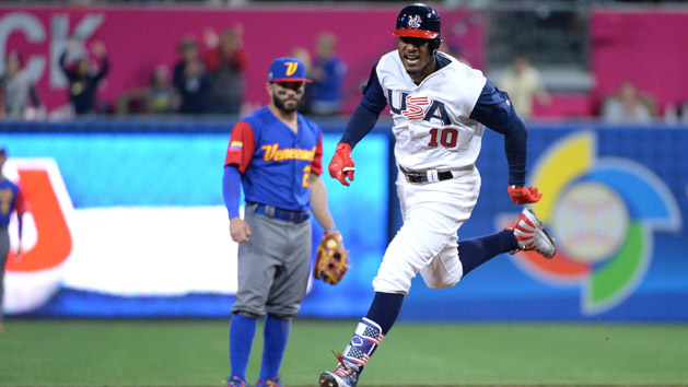 Mar 15, 2017; San Diego, CA, USA; United States outfielder Adam Jones (10) reacts as he rounds second base after an eighth inning home run against the Venezuela during the 2017 World Baseball Classic at Petco Park. The United States won 4-2. Photo Credit: Orlando Ramirez-USA TODAY Sports