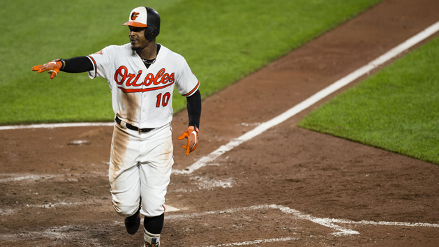 Aug 21, 2017; Baltimore, MD, USA; Baltimore Orioles center fielder Adam Jones (10) celebrates after hitting a solo home run against the Oakland Athletics in the fifth inning during a game at Oriole Park at Camden Yards. Photo Credit: Patrick McDermott-USA TODAY Sports