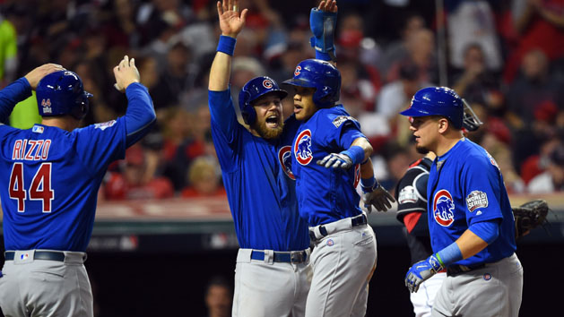 Nov 1, 2016; Cleveland, OH, USA; Chicago Cubs shortstop Addison Russell (27) celebrates with teammates Anthony Rizzo (44) , Kyle Schwarber (12) and Ben Zobrist (18) after hitting a grand slam against the Cleveland Indians in the third inning in game six of the 2016 World Series at Progressive Field. Photo Credit: Tommy Gilligan-USA TODAY Sports
