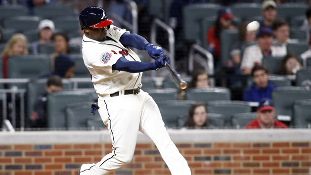 May 6, 2017; Atlanta, GA, USA; Atlanta Braves third baseman Adonis Garcia (13) hits a three-run home run against the St. Louis Cardinals in the seventh inning at SunTrust Park. Photo Credit: Brett Davis-USA TODAY Sports